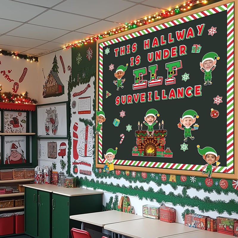 KMCCUMBER Christmas Bulletin Board Decorations Set, 105 Pcs Eif Cutouts with Figures Cards Red Green Stripe Borders Christmas Bulletin Board Classroom Decorations for Xmas Party School Wall Door Decor - Image 2